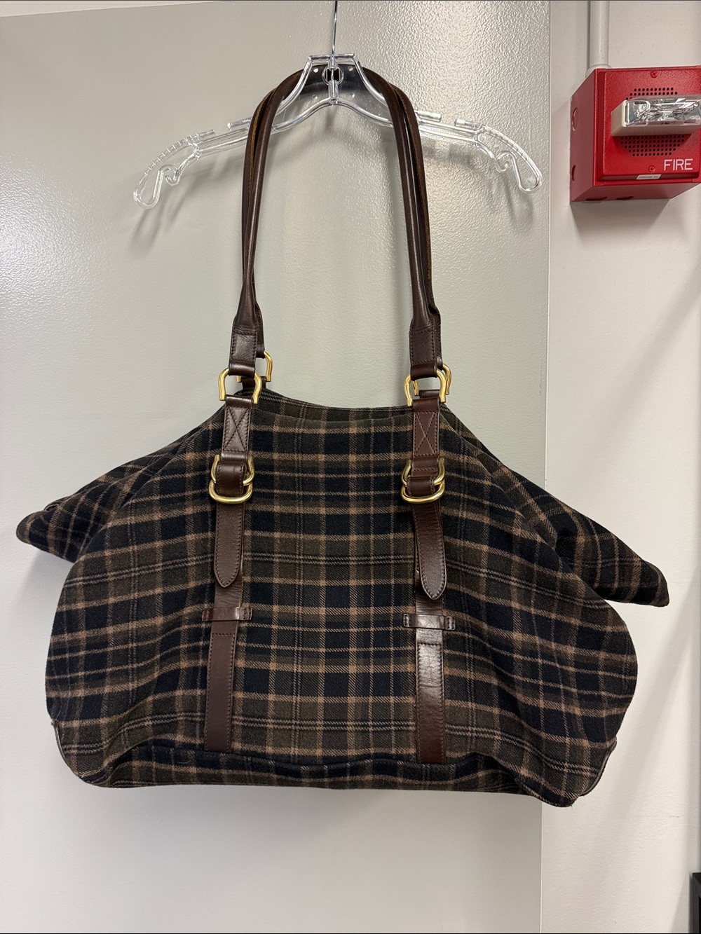 Salvatore Ferragamo Brown and Black Plaid Shoulder Tote